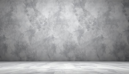 A digitally created image showing a grey textured wall and a matching floor providing a blank studio background.の素材