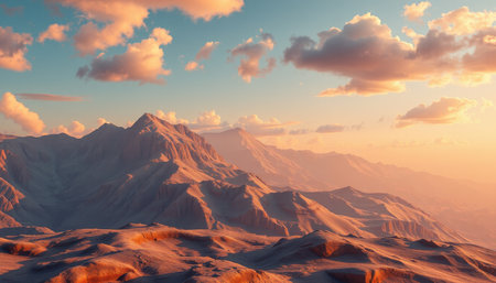 A breathtaking sunset illuminates a vast mountain range with reddish sand dunes in the foreground creating a serene and picturesque landscape.の素材