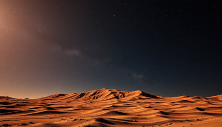 A breathtaking view of a Martian-like desert landscape under a dark night sky filled with stars.の素材