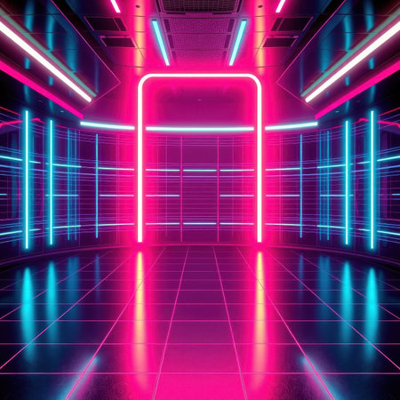 A digitally rendered image of a futuristic room with vibrant pink and blue neon lights, showcasing a sleek and modern design.の素材