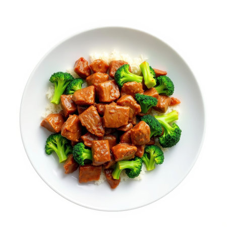 A top-down view of a white bowl containing a delicious beef and broccoli dish served over rice.の素材