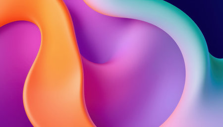 The image showcases a vibrant abstract design featuring smooth flowing gradients of purple, orange and teal colors creating a dynamic and visually appealing composition.の写真素材