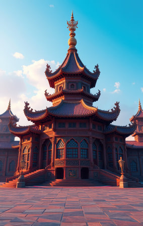 A large, intricately carved wooden pagoda stands majestically under a clear sky, showcasing impressive Asian architecture.の素材