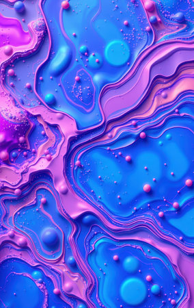 The image showcases an abstract artwork featuring swirling vibrant pink and blue liquids with floating spheres and glitter.の素材