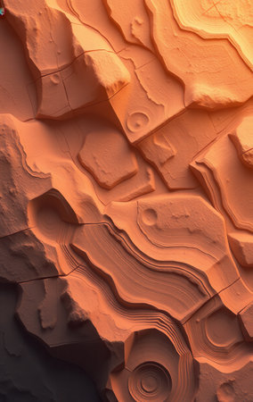 A detailed close up of a digitally rendered abstract orange rock formation exhibiting layered textures and unique shapes.の素材