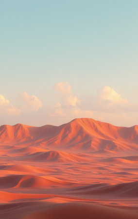 A breathtaking sunset illuminates rolling sand dunes in a vast and serene desert landscape.の素材