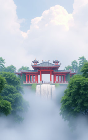A red Chinese pagoda stands atop a waterfall cascading into a misty mountain landscape.の素材
