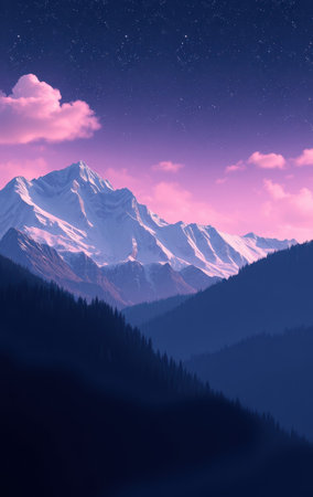A picturesque mountain range capped with snow, silhouetted against a tranquil pink and purple night sky filled with stars.の素材