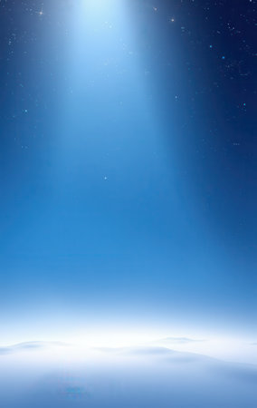 A digital rendering depicts a serene snowy landscape illuminated by a bright celestial light beam under a starry night sky.の素材