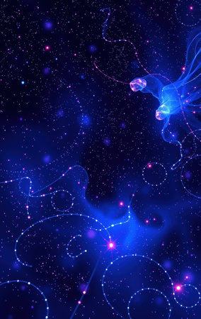 An abstract depiction of a cosmic nebula featuring bright glowing lights and swirling patterns against a dark blue background.の素材