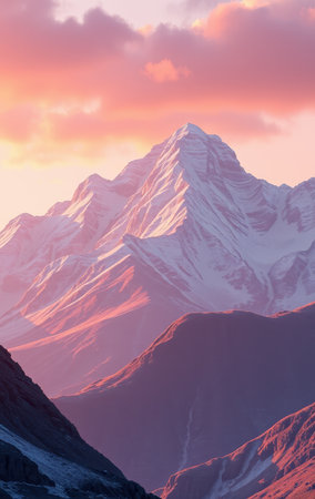 A snow-capped mountain peak glows pink at sunset, surrounded by dramatic mountain ranges.の素材