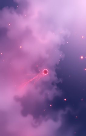 A single, pink celestial body with a glowing trail moves through a purple nebula.の素材
