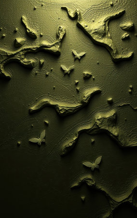 A stylized dark green textured landscape with several embossed butterflies, creating an abstract and artistic image.の素材