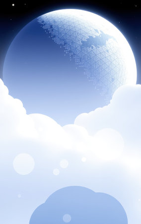A stylized digital artwork depicts a geometric patterned moon above a soft cloudscape in a tranquil night sky.の素材