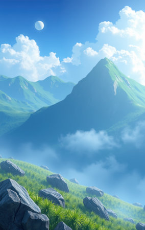 A picturesque digital illustration showcases a grassy hillside dotted with rocks, overlooking a majestic mountain range under a clear blue sky.の素材