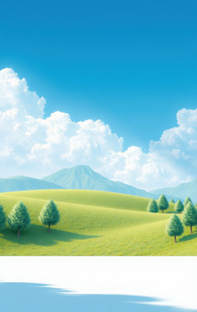 A picturesque landscape depicting rolling green hills under a bright blue sky filled with fluffy white clouds and a few small green trees.の素材