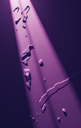 The image depicts an abstract composition of shattered liquid on a textured purple surface illuminated by a dramatic light source.の素材