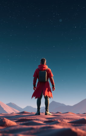 A lone figure in a red cloak stands on a desert dune, gazing at a breathtaking starry night sky.の素材