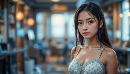 A young Asian woman with long dark hair poses confidently in a modern office setting, her gaze directly at the camera.の素材