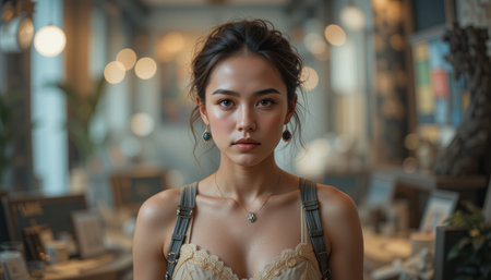 A young woman with a calm expression poses directly at the camera, wearing a beige top and jewelry inside a cafe.の素材