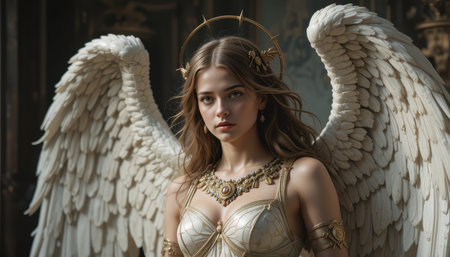 A digitally rendered image depicts a beautiful woman with large white wings, a golden halo, and ornate jewelry, resembling an angel or goddess.の素材