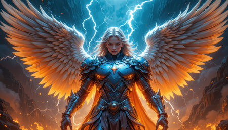 A powerful female angel warrior in gleaming armor and large golden wings stands defiantly amidst a fiery, lightning-filled landscape.の素材