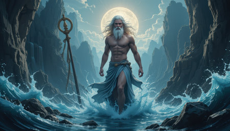 A powerful godlike figure with long white hair emerges from the ocean waves under a bright moon, surrounded by dramatic cliffs.の素材