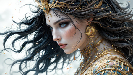 A digital painting of an elegantly adorned woman with long dark hair and a golden crown, exuding a mystical and regal presence.の素材