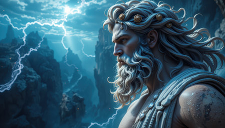 A digital painting depicts a powerful portrayal of Zeus, the Greek god of thunder, amidst a dramatic stormy landscape.の素材