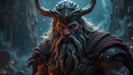 A digital painting of a powerful fantasy warrior with long white hair, horns, and elaborate armor, exhibiting a fierce expression.の素材