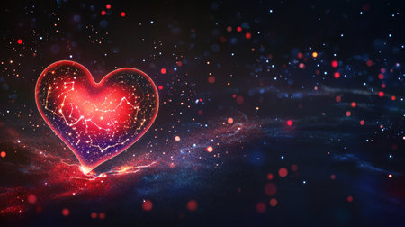 A glowing red heart shaped like a constellation in a dark cosmic background with sparkling particles.の素材