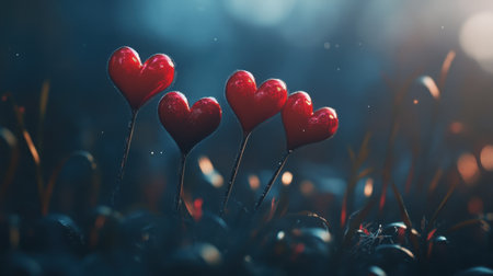 Four glossy red heart-shaped blossoms sprout from slender stems in a dimly lit, enchanted forest setting.の素材