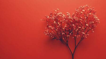 A sprig of small pink flowers arranged in a heart shape against a red background.の素材