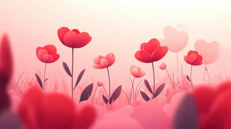 A digital illustration depicting a field of stylized red flowers in a soft pink setting, suggesting a calm and romantic atmosphere.の素材
