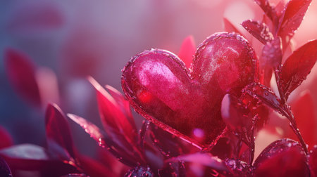 A digitally rendered image shows a shiny red heart nestled amongst deep crimson leaves.の素材
