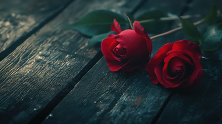 Two vibrant red roses lie on a dark wooden surface creating a romantic and moody atmosphere.の素材