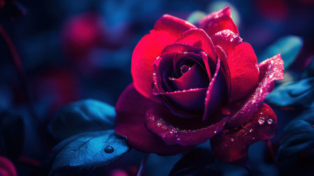 A close-up shot reveals a vibrant crimson rose, glistening with dew drops, set against a dark blue background.の素材