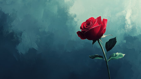 A single red rose stands out against a dark teal painted background, showcasing its vibrant color and delicate details.の素材