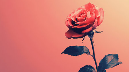 A vibrant red rose with dark leaves is shown against a soft peach colored background in a close up image.の素材