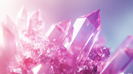 A close-up view of a cluster of glowing pink crystals showcasing their intricate facets and textures.の素材