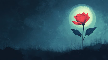 A stylized illustration depicts a single red rose illuminated by a large moon in a dark landscape.の素材
