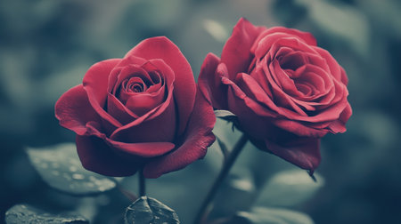 A close-up image showcases two dark red roses in full bloom, their petals exhibiting rich color and texture.の素材