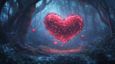 A large luminous heart shaped tree floats in a dark and mysterious forest.  Smaller hearts drift around it.の素材