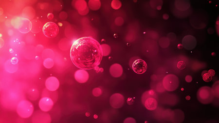 An abstract image featuring numerous pink, glossy bubbles floating in a dark space, creating a vibrant and dreamy atmosphere.の素材