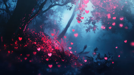 A digital illustration depicts a magical forest at night with glowing pink hearts illuminating the scene creating a romantic and dreamy atmosphere.の素材