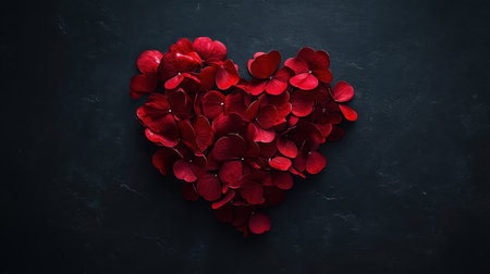 A heart shape composed of numerous deep red hydrangea petals sits on a dark textured background.の素材