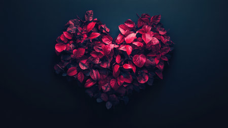 A heart shape formed from deep red and dark leaves on a dark background.の素材
