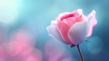 A close-up image showcases a single, soft pink rose against a blurred teal and pink background, evoking a sense of serenity and beauty.の素材