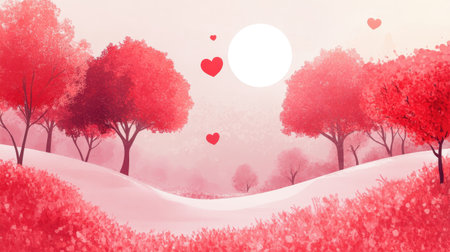 A dreamy illustration of a pink landscape featuring trees, hearts, and a soft moon, conveying romantic feelings.の素材