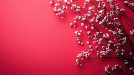 A vibrant red background is accented by delicate white flowers arranged in a corner composition.の素材